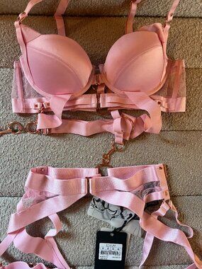 Honey Birdette Kukuro Pink Bra 36D & Suspender Set M